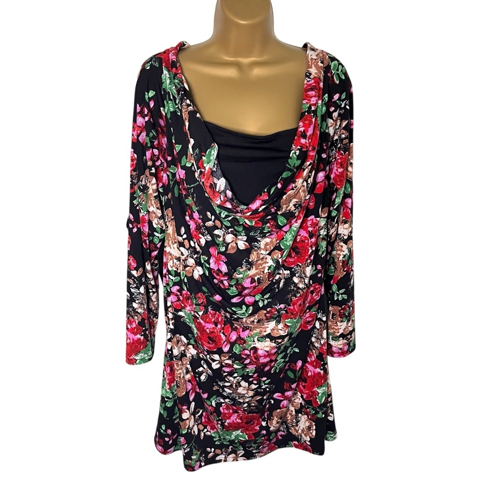 Must Have Cowl Neck Tunic Dress Long Sleeve Stretch Black Floral XL